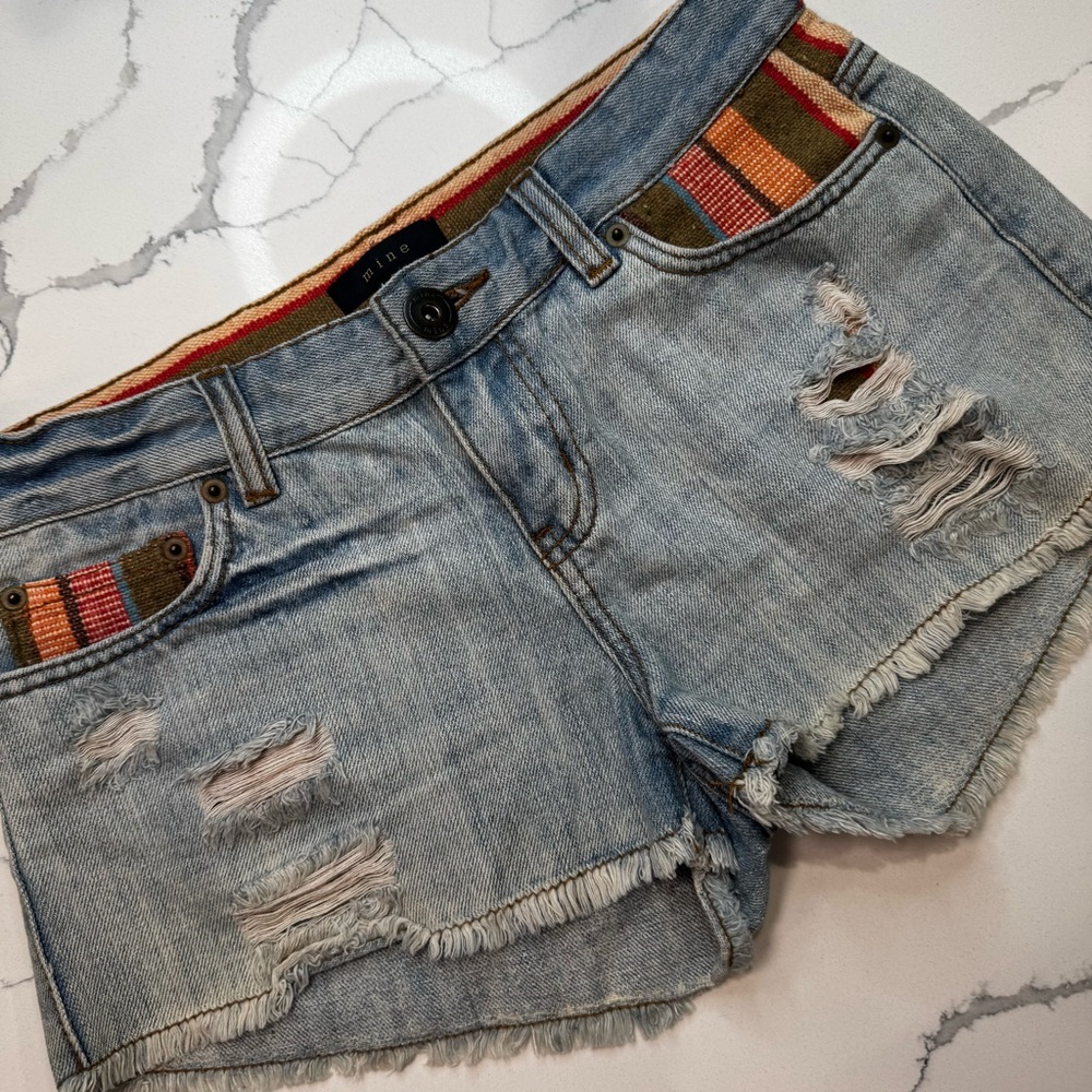 mine Light Blue Distressed Denim Shorts with Multicolor Striped Embroidery Small